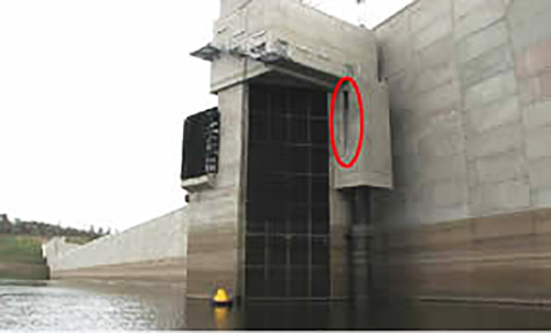 Paradise Dam wall and water reservoir showing water intake tower & entrance to downstream fishway